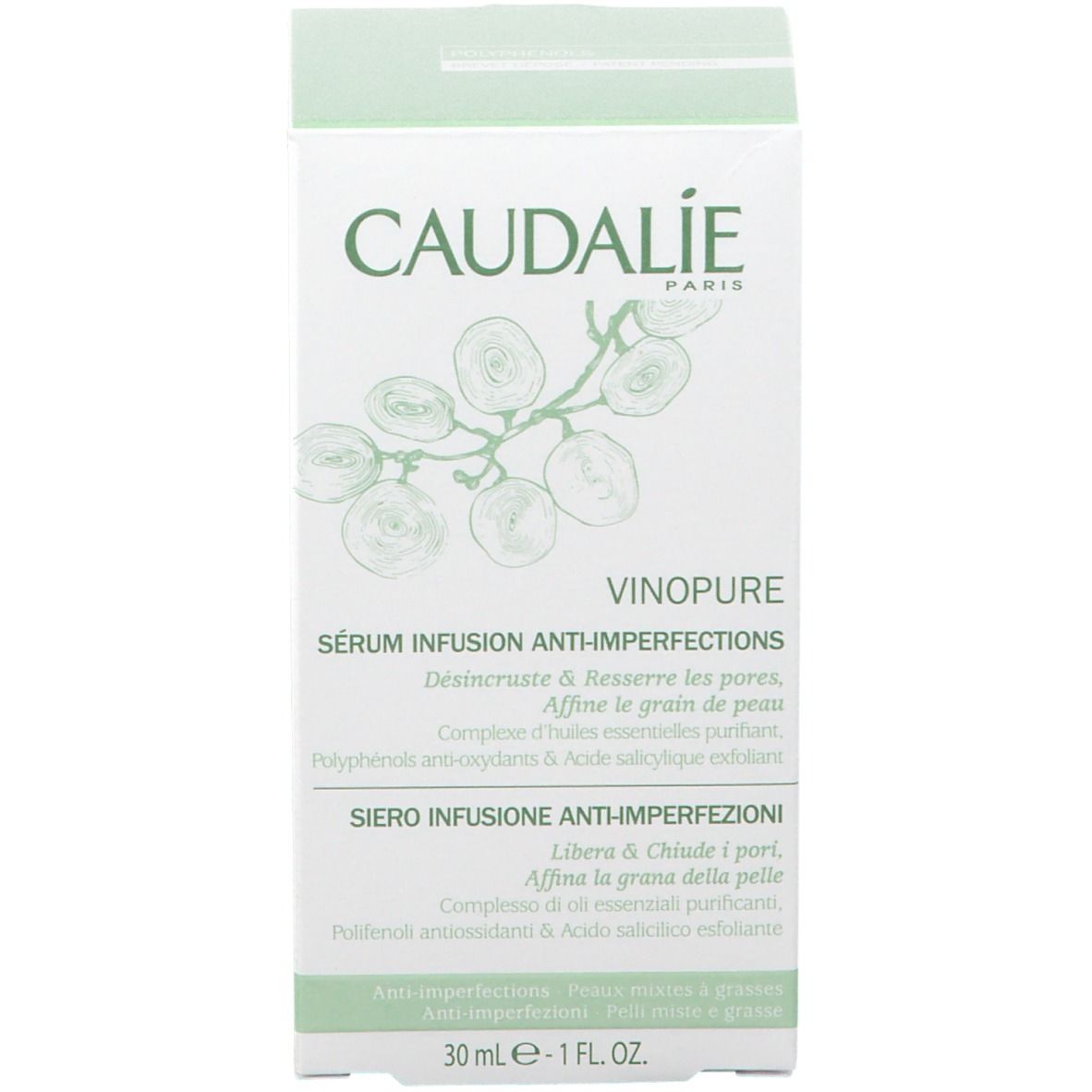 Confezione del prodotto. Scritte CAUDALIE, VINOPURE, Siero Anti-imperfezioni. 30 ml.