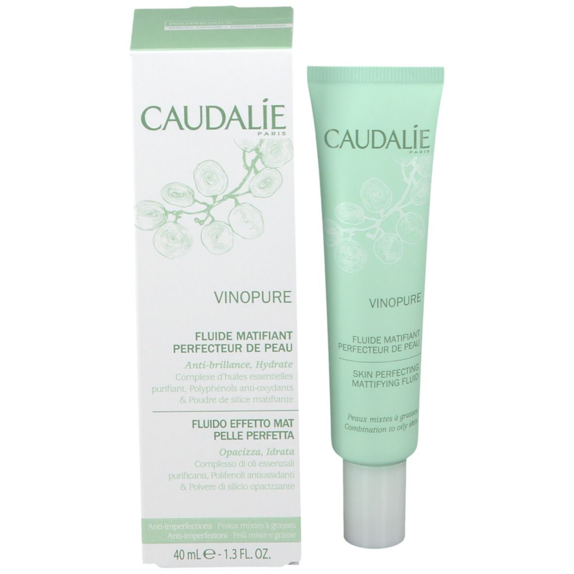 Prodotto e confezione. Tubo e scatola verdi. Scritta: CAUDALIE, VINOPURE, FLUIDE MATIFIANT. 40 ml - 1.3 fl.oz.
