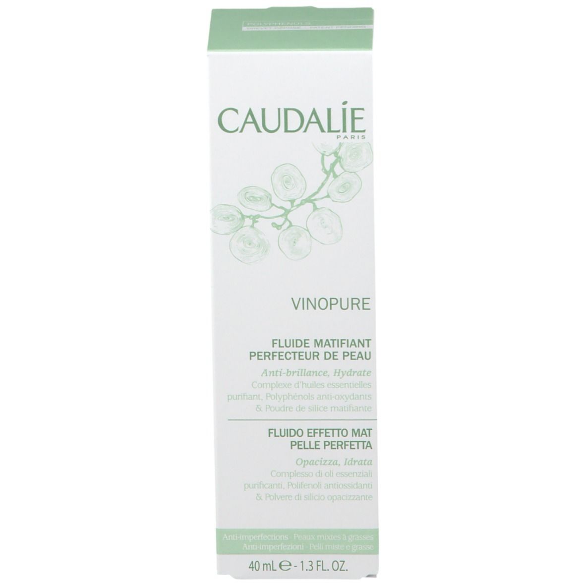 Confezione. Scatola verde. Scritta: CAUDALIE, VINOPURE, FLUIDE MATIFIANT. 40 ml - 1.3 fl.oz.