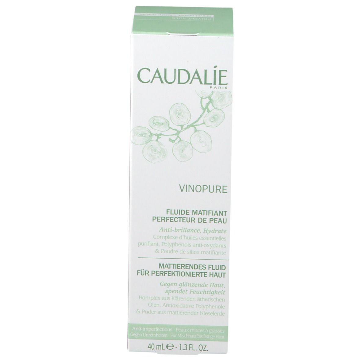 Confezione. Scatola verde. Scritta: CAUDALIE, VINOPURE, FLUIDE MATIFIANT. 40 ml - 1.3 fl.oz.