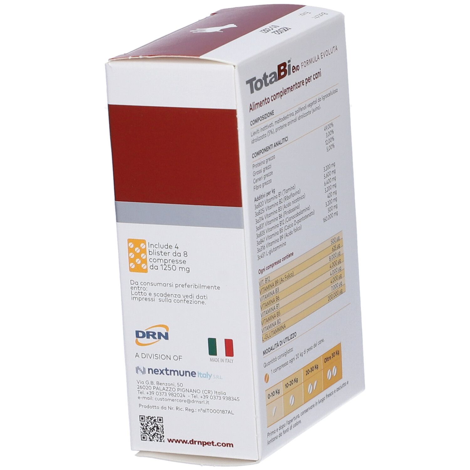Vista laterale della confezione TotaBi evo. Contiene informazioni su ingredienti, componenti analitici e raccomandazioni di dosaggio.