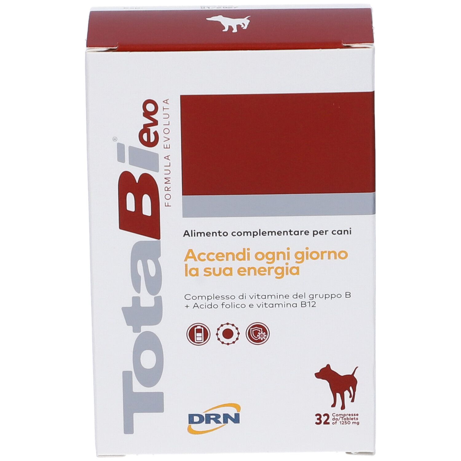 Confezione di integratore alimentare per cani. Scritta: TotaBi evo, 32 compresse. Colori rosso e bianco.