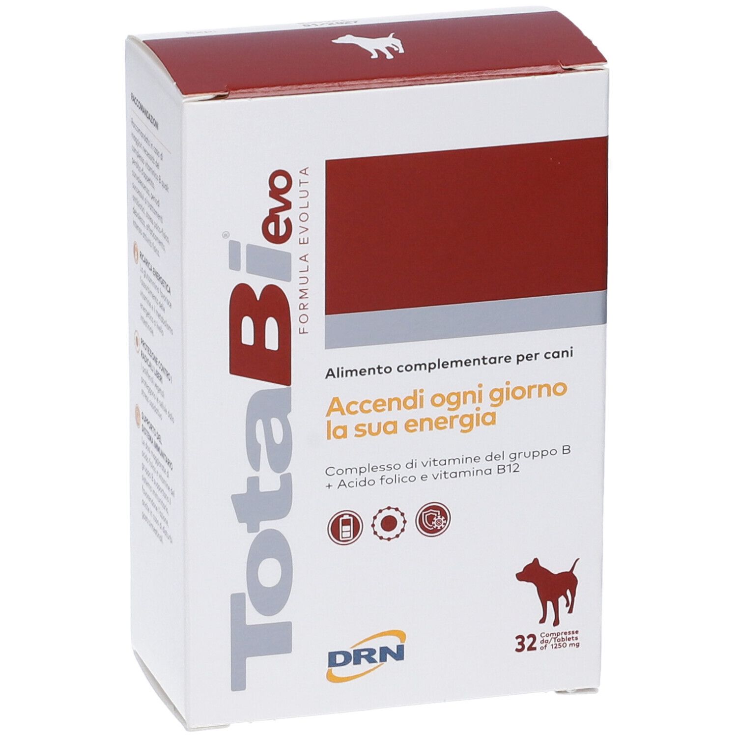 Scatola "TotaBi evo" per cani. Confezione rossa e bianca. Contiene 32 compresse. Bandiera italiana.