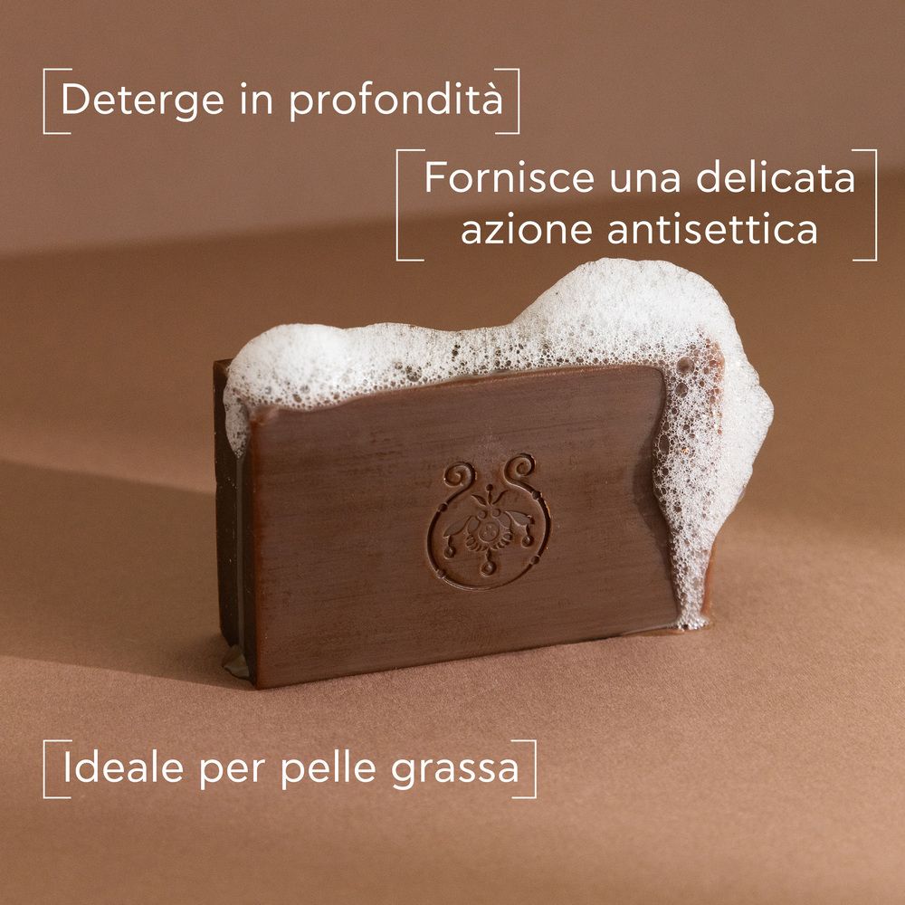 Sapone marrone con schiuma. Logo. Testo: Deterge in profondità, azione antisettica, ideale per pelli grasse.
