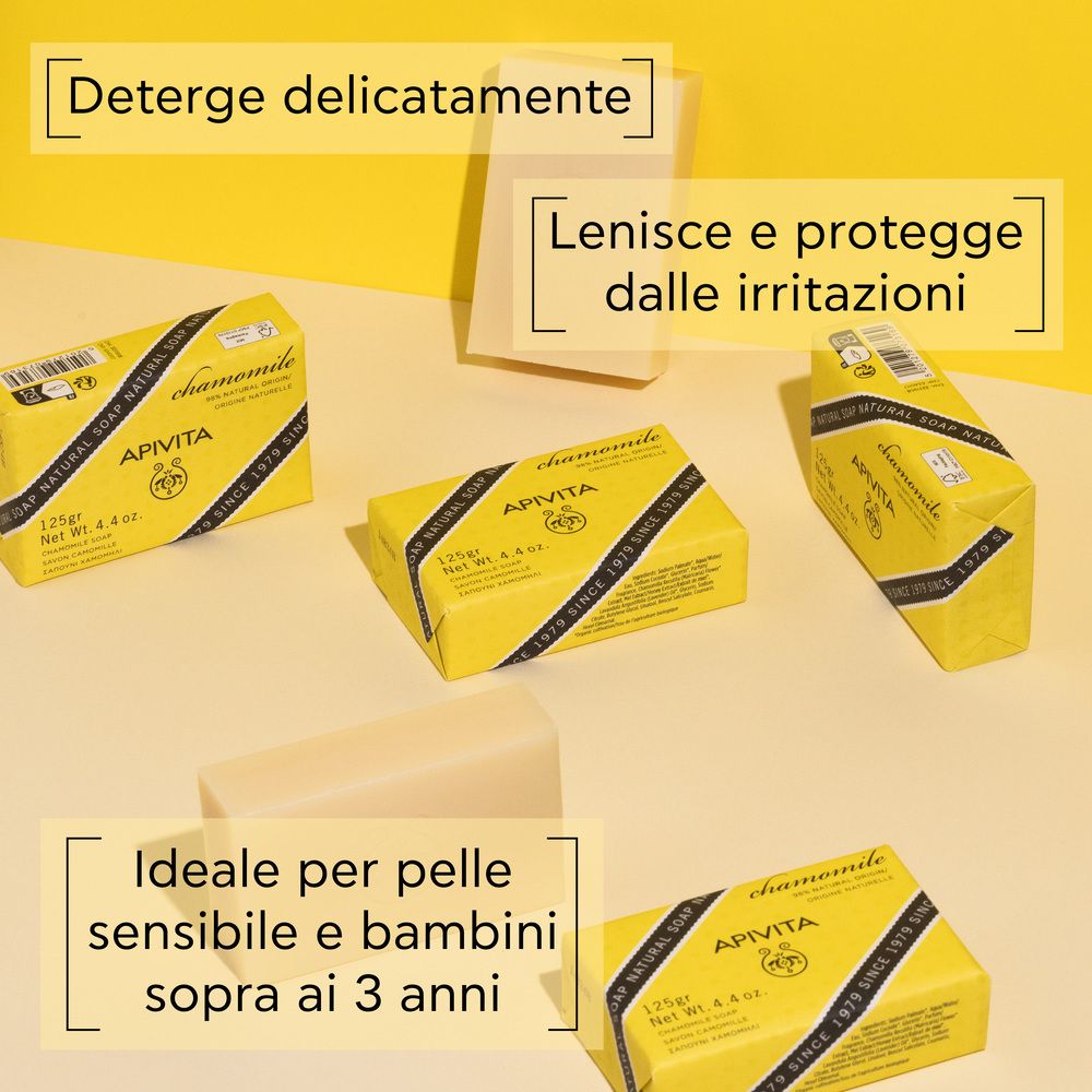 Diversi saponi confezionati. Testo: Ideale per pelli sensibili. Deterge delicatamente.