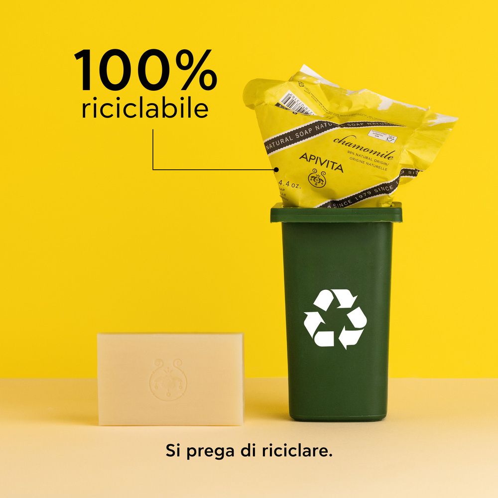 Sapone e bidone. Testo: 100% riciclabile. Si prega di riciclare.