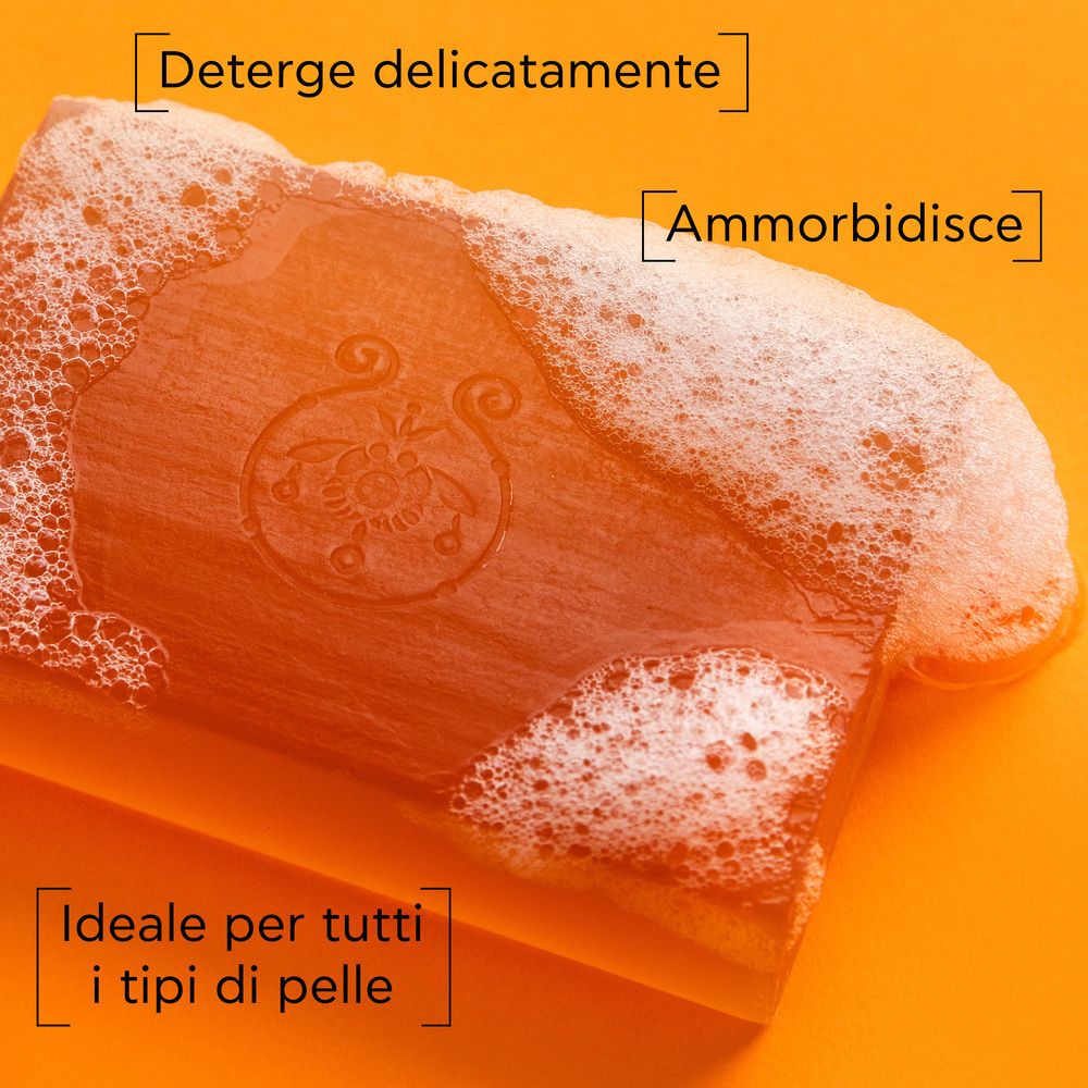 Sapone con schiuma. Testo: 'Deterge delicatamente', 'Ammorbidisce', 'Ideale per tutti i tipi di pelle'.