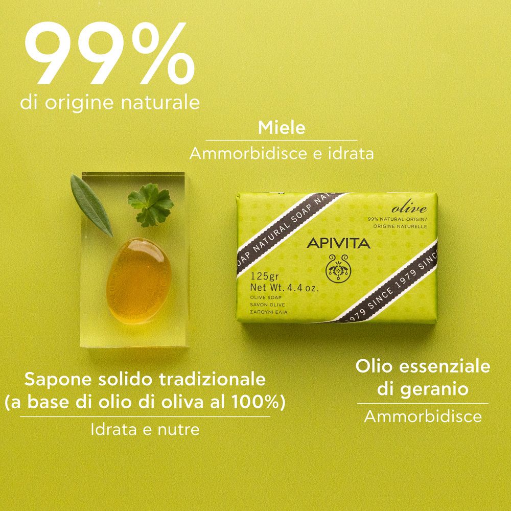 Sapone e ingredienti. Testo: 99% di origine naturale. Il miele ammorbidisce e idrata.