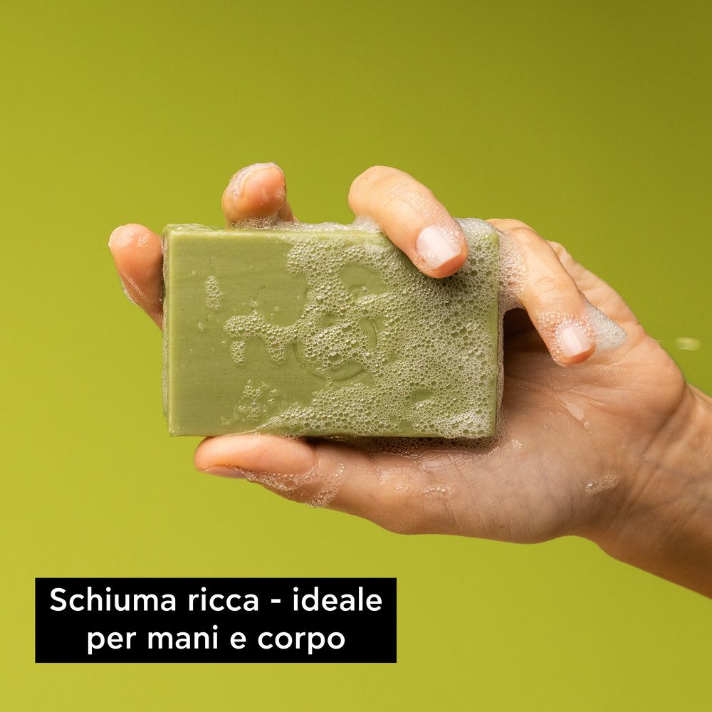 Mano con sapone e schiuma. Testo: Schiuma ricca - ideale per mani e corpo.