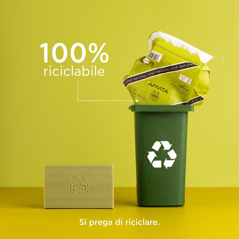 Confezione di sapone e cestino. Testo: 100% riciclabile. Si prega di riciclare.