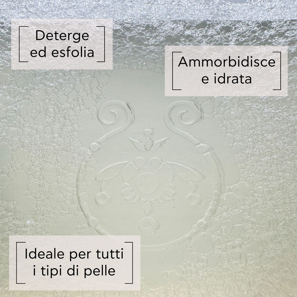 Primo piano di sapone. Testi: Deterge ed esfolia, Ammorbidisce e idrata, Ideale per tutti i tipi di pelle. Elementi decorativi.