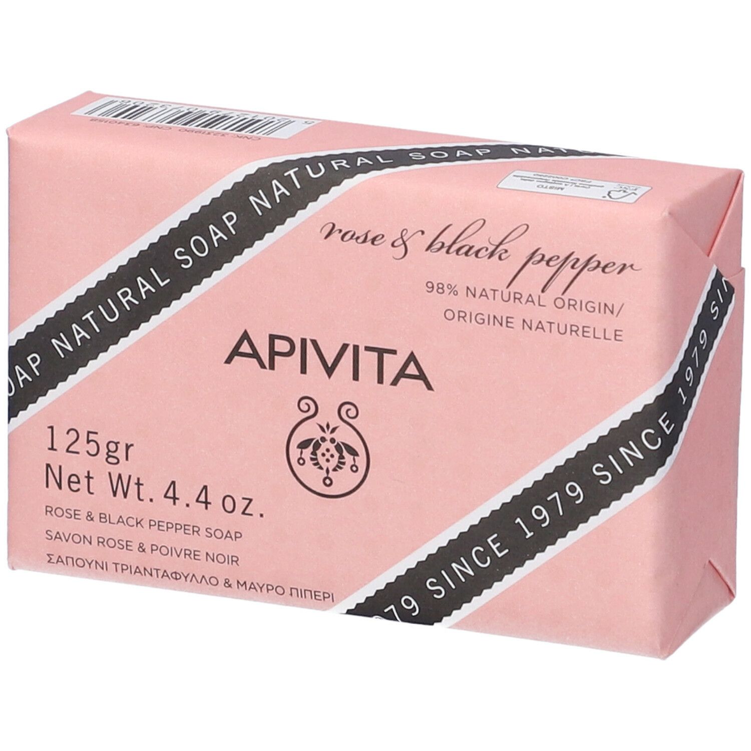 Sapone rosa e pepe nero. Confezione rosa con informazioni e logo. 125g, 4.4 oz.