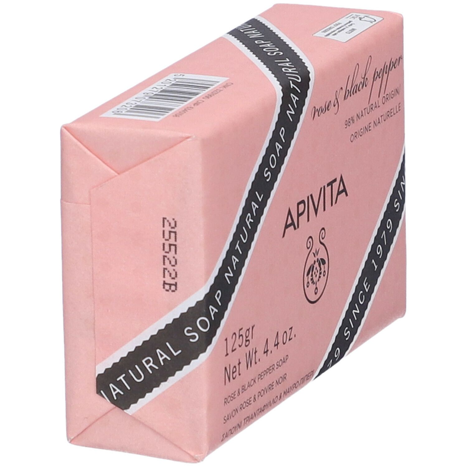 Sapone rosa e pepe nero. Confezione, in diagonale. Informazioni e logo. 125g, 4.4 oz.