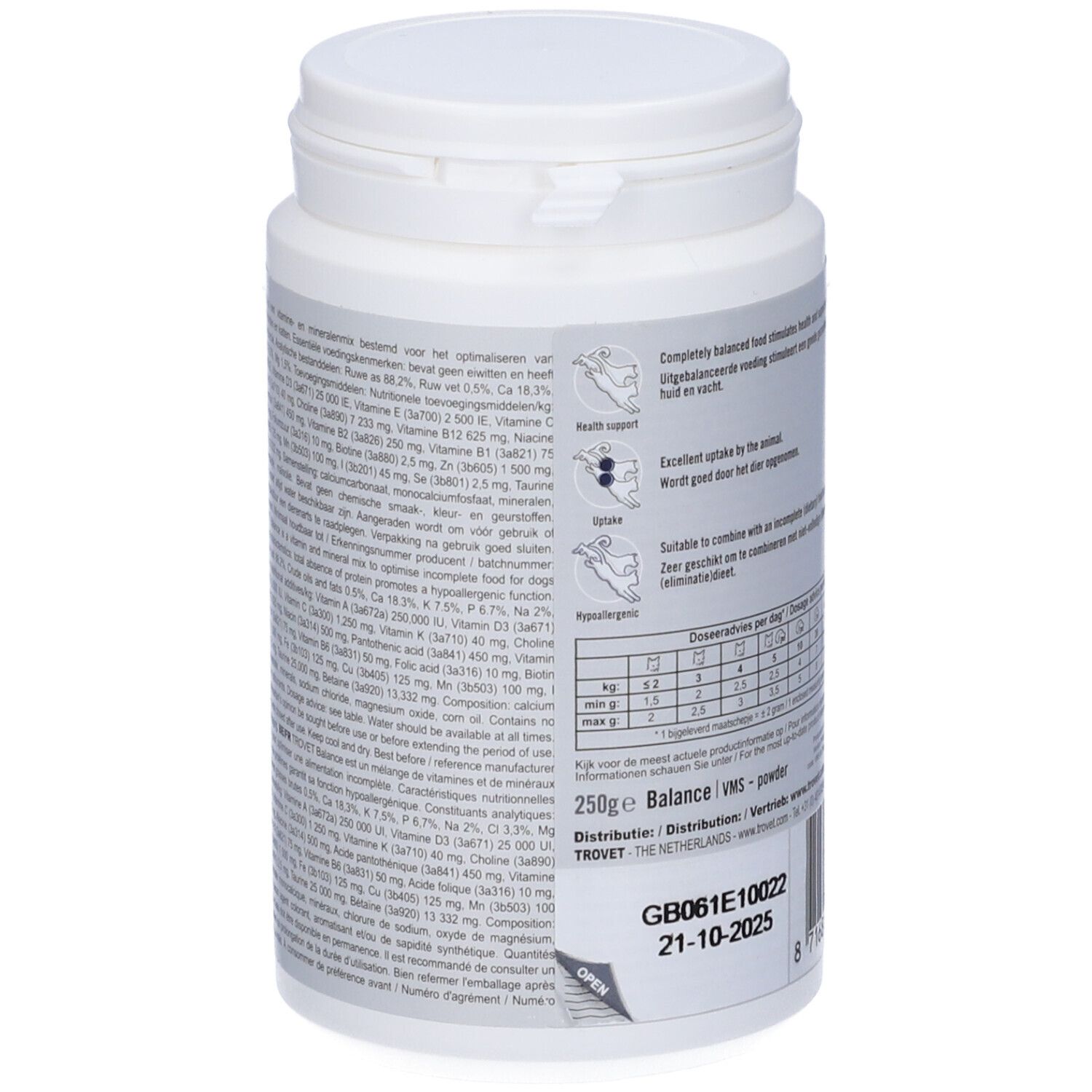 Retro del barattolo bianco. Testo: ingredienti, raccomandazioni di dosaggio. Logo e testo: 250g Balance VMS powder.
