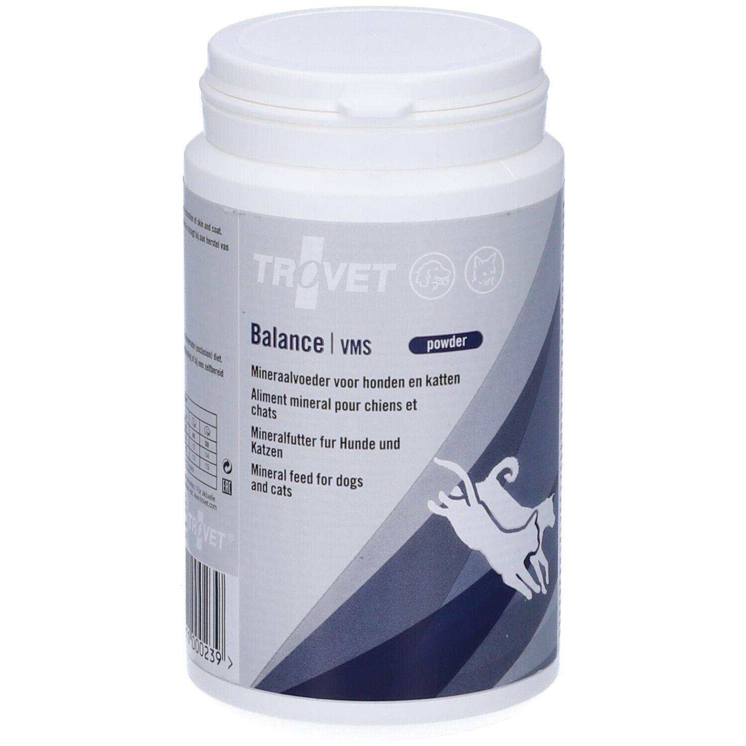Barattolo bianco con coperchio. Scritta: Trovet Balance VMS, alimento minerale per cani e gatti. Immagine cane e gatto.