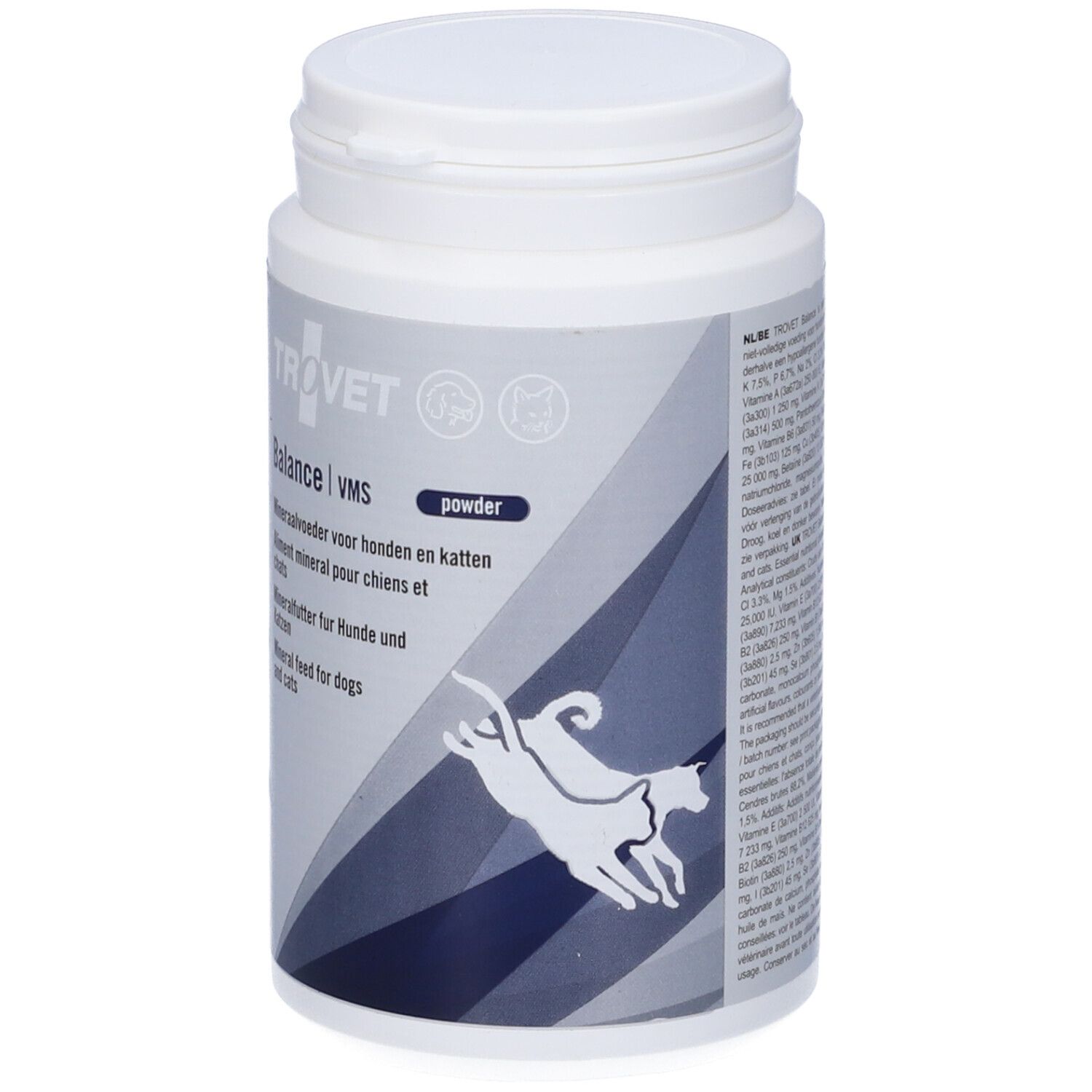 Barattolo bianco con coperchio. Scritta: Trovet Balance VMS, alimento minerale per cani e gatti. Immagine cane e gatto.