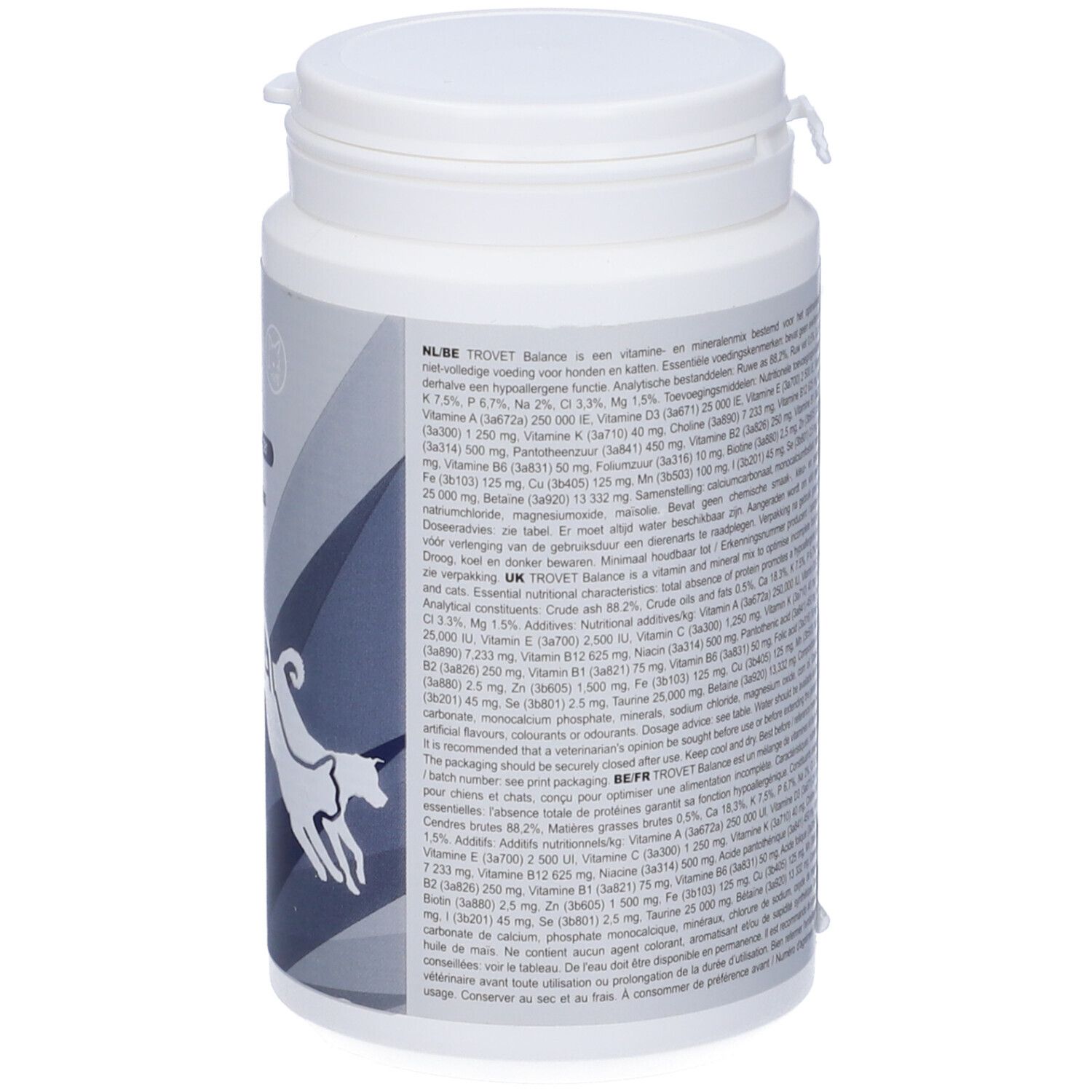 Retro del barattolo bianco. Testo: ingredienti, informazioni nutrizionali. Logo e testo: Trovet Balance VMS.