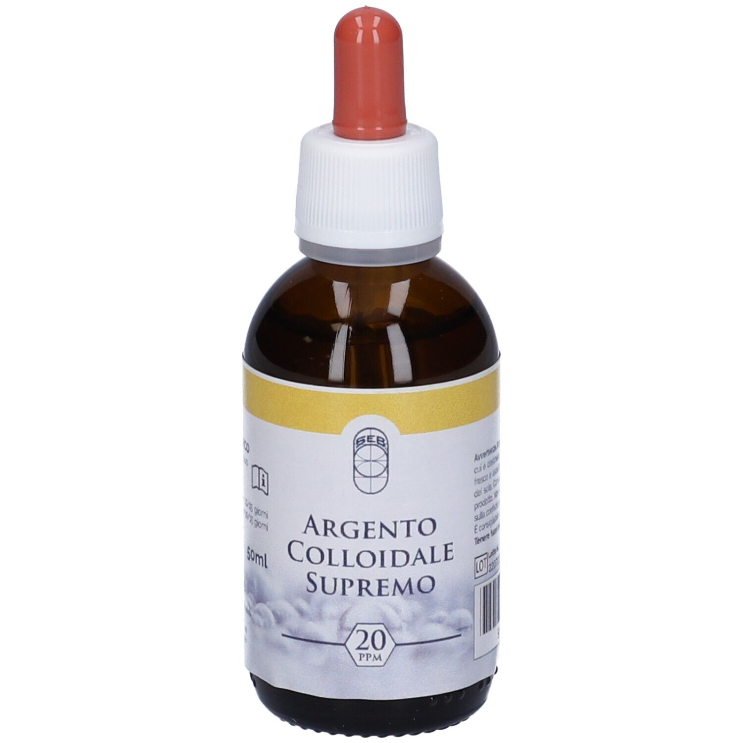 Flacone in vetro marrone con contagocce. Etichetta con informazioni sul prodotto. Marchio CE.