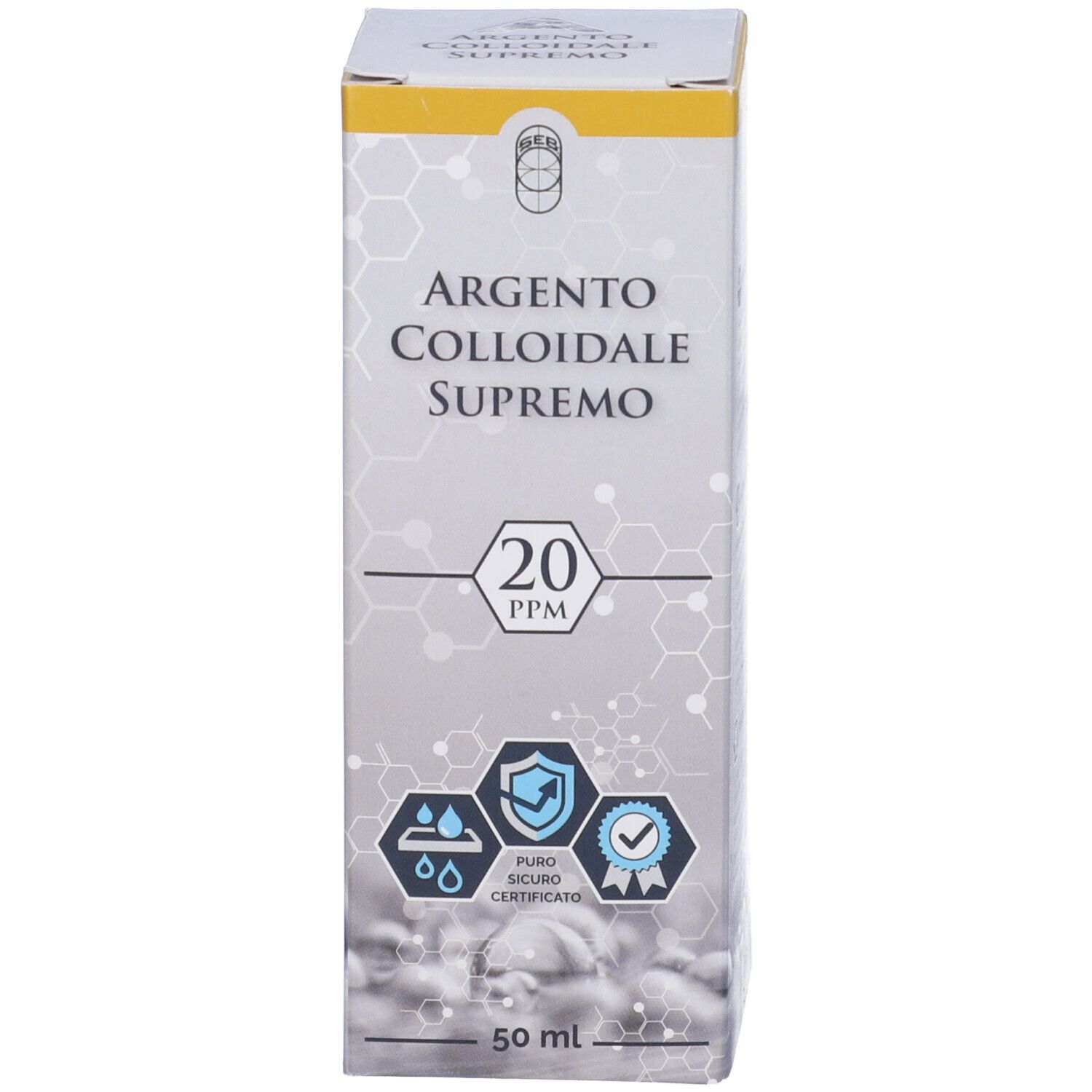 Confezione in cartone con nome del prodotto e certificazioni. 50 ml, 20 ppm.