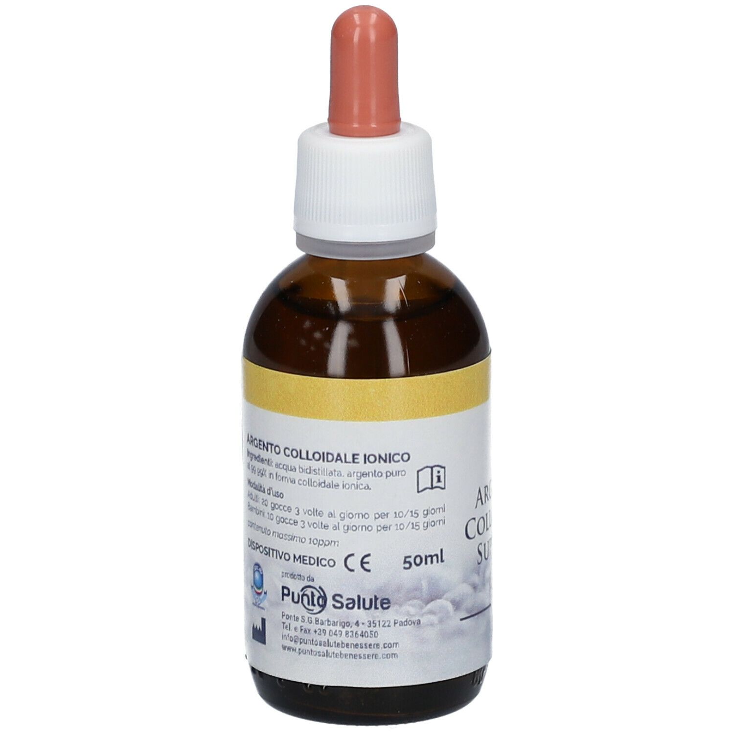 Flacone di vetro marrone con contagocce. Etichetta con testo: Argento Colloidale Ionico, 50ml, Punto Salute.