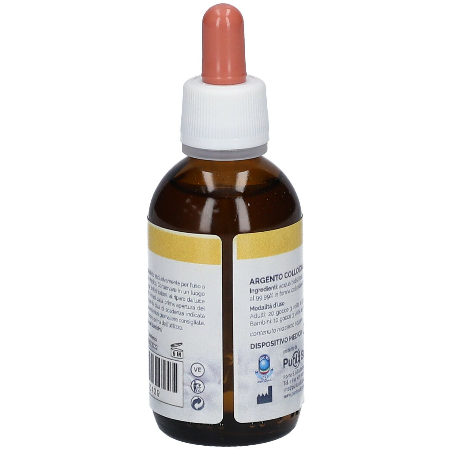Flacone di vetro marrone con contagocce. Etichetta con testo e pittogrammi. Argento Colloidale Ionico.