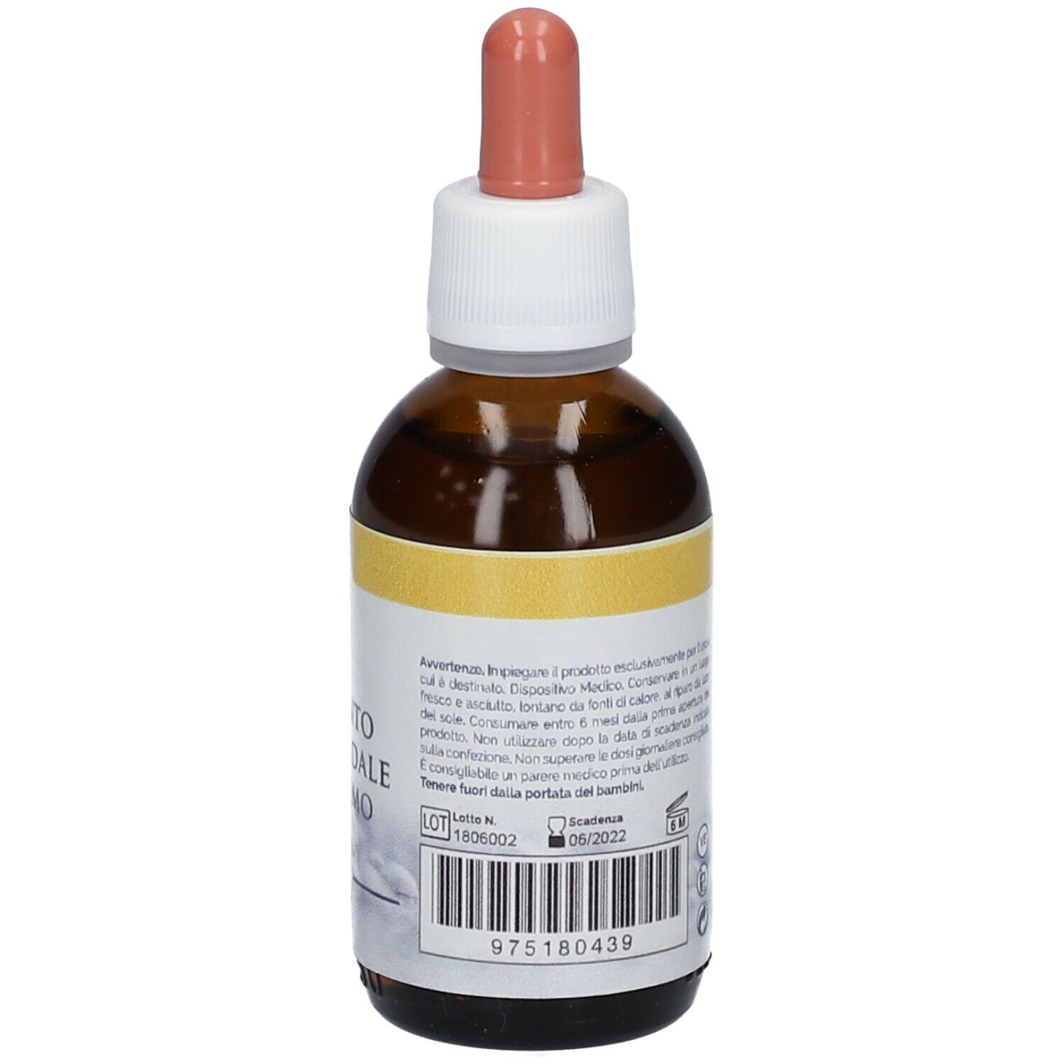 Flacone di vetro marrone con contagocce. Etichetta con testo e numero di lotto. Argento Colloidale.