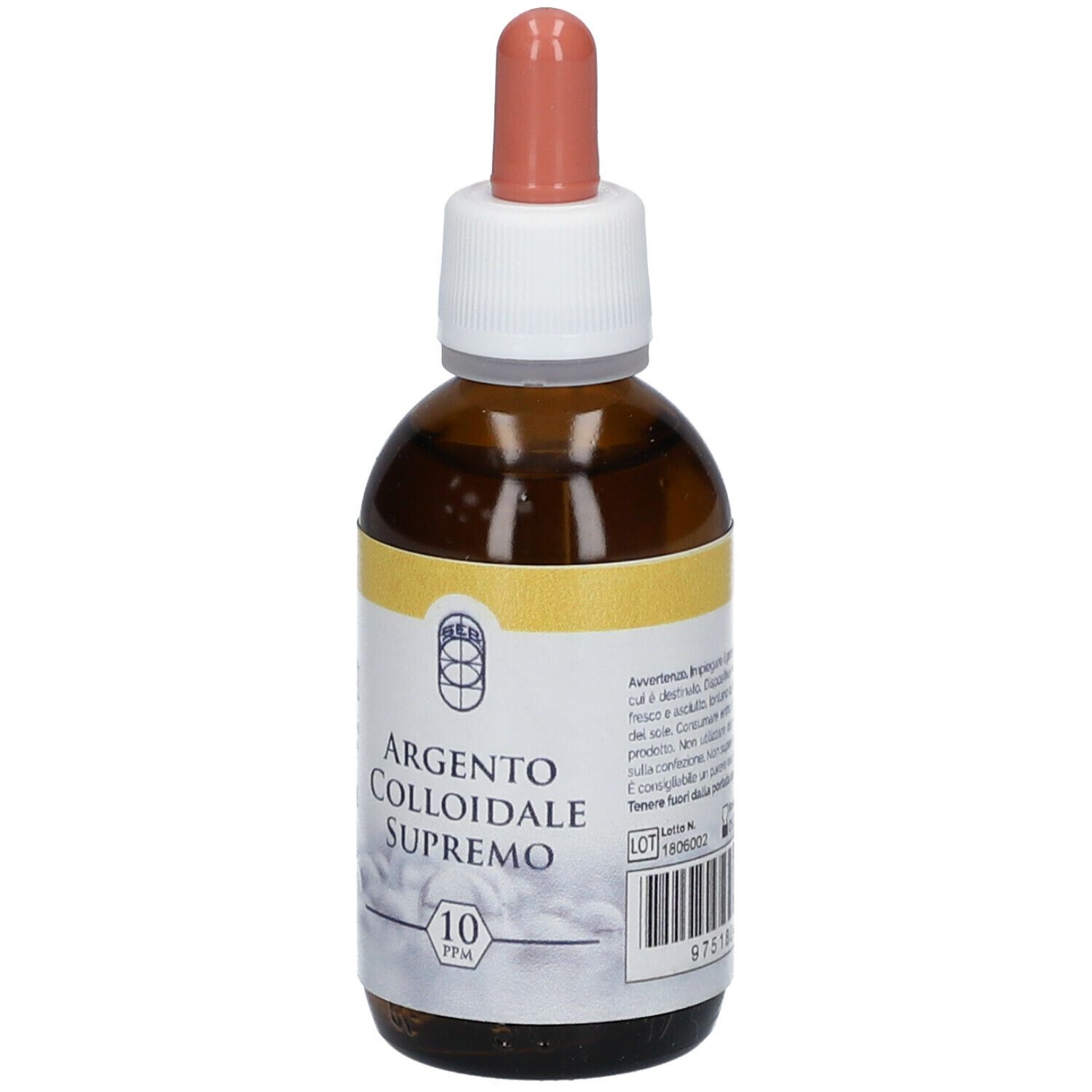 Flacone di vetro marrone con contagocce. Scritta: Argento Colloidale Supremo 10 PPM. Etichetta.