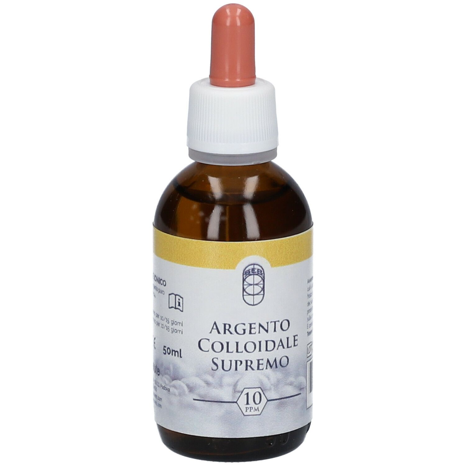 Flacone di vetro marrone con contagocce. Scritta: Argento Colloidale Supremo 10 PPM. Etichetta.