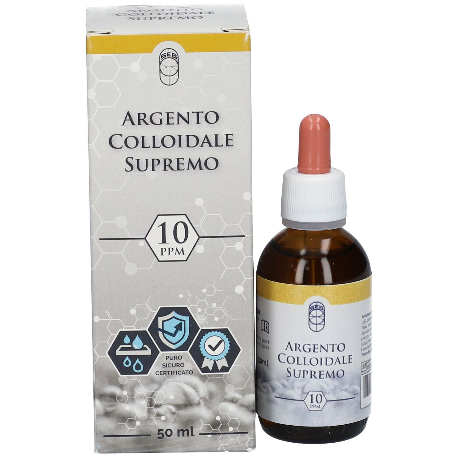 Confezione e flacone. Confezione: Argento Colloidale Supremo 10 PPM. Flacone con contagocce.