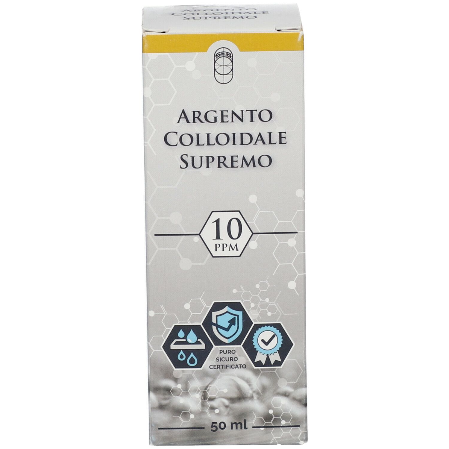 Confezione del prodotto. Scritta: Argento Colloidale Supremo 10 PPM. Con loghi e certificazioni.