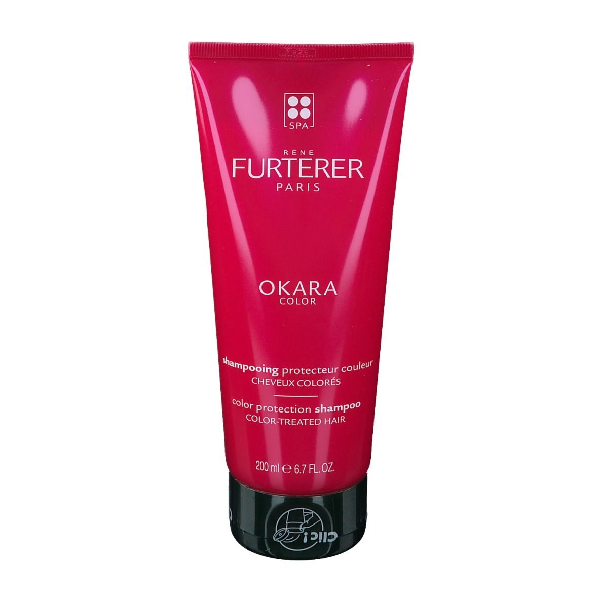 Tubo rosa, tappo nero. Scritto: OKARA COLOR, shampoo protezione colore. Marca: RENE FURTERER PARIS.