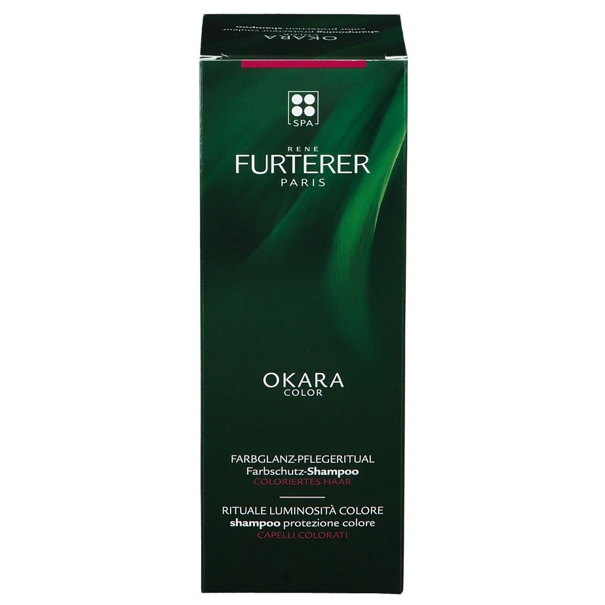 Scatola verde. Scritto: OKARA COLOR, shampoo protezione colore. Marca: RENE FURTERER PARIS.