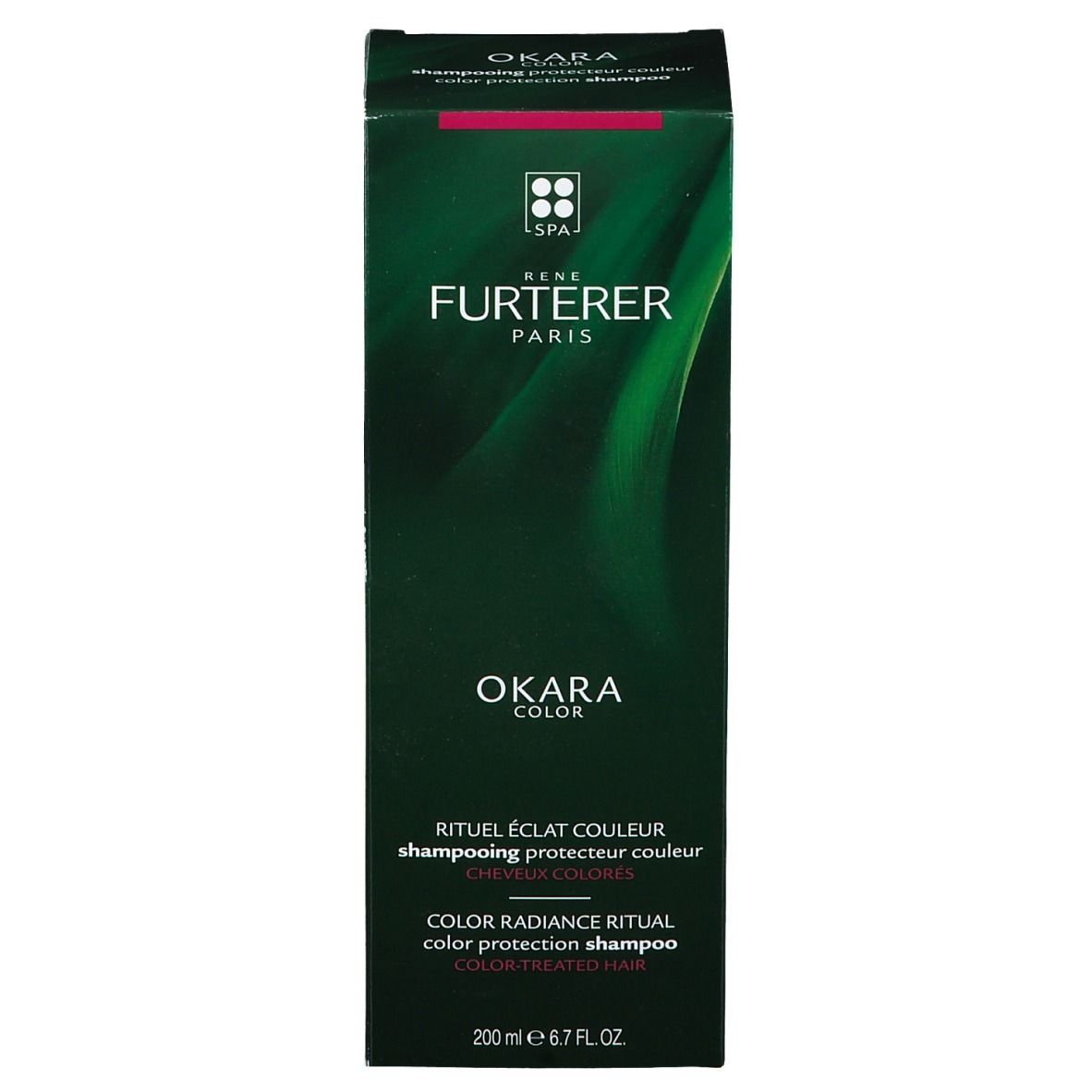 Scatola verde. Scritto: OKARA COLOR, shampoo protezione colore. Marca: RENE FURTERER PARIS.