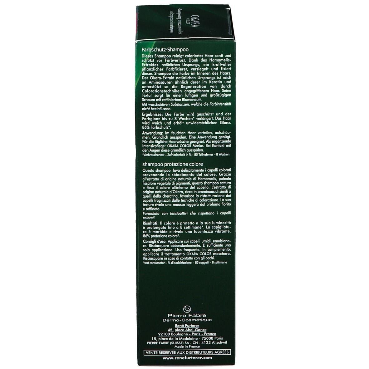Retro della scatola verde. Informazioni multilingue sul prodotto. Scritto: OKARA COLOR, shampoo protezione colore.