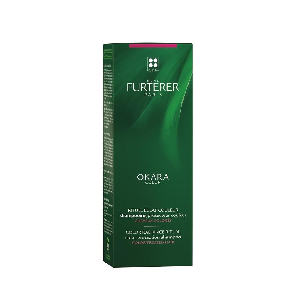 Scatola verde. Scritto: OKARA COLOR, shampoo protezione colore. Marca: RENE FURTERER PARIS.