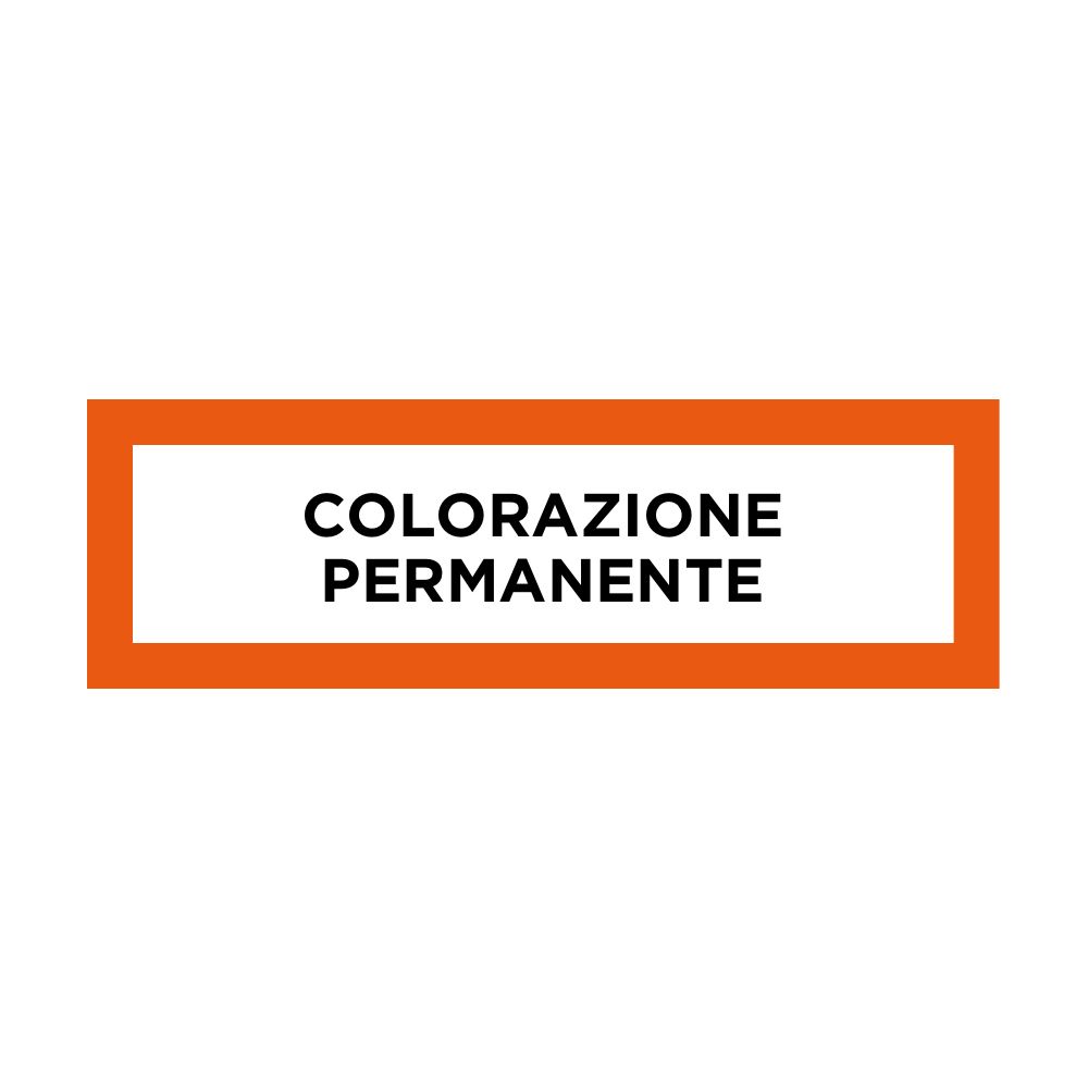 Adesivo rettangolare con bordo arancione. Testo: COLORAZIONE PERMANENTE (Colorazione permanente).