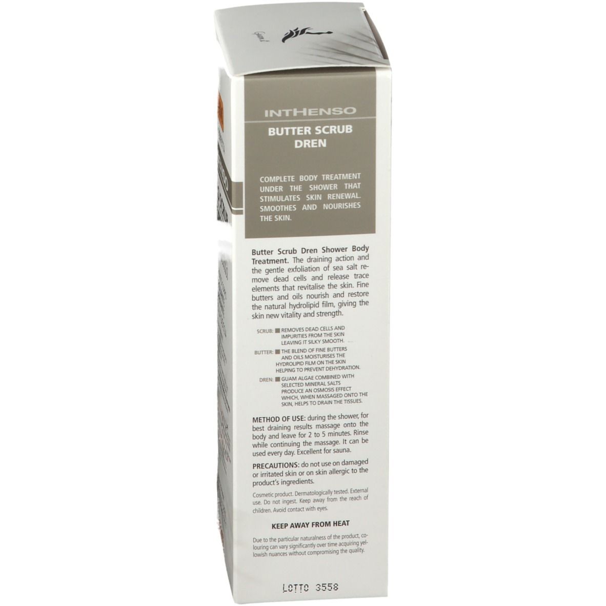 Lato della confezione GUAM INTHENSO Burro Scrub Dren. Informazioni testuali. Sfondo bianco.