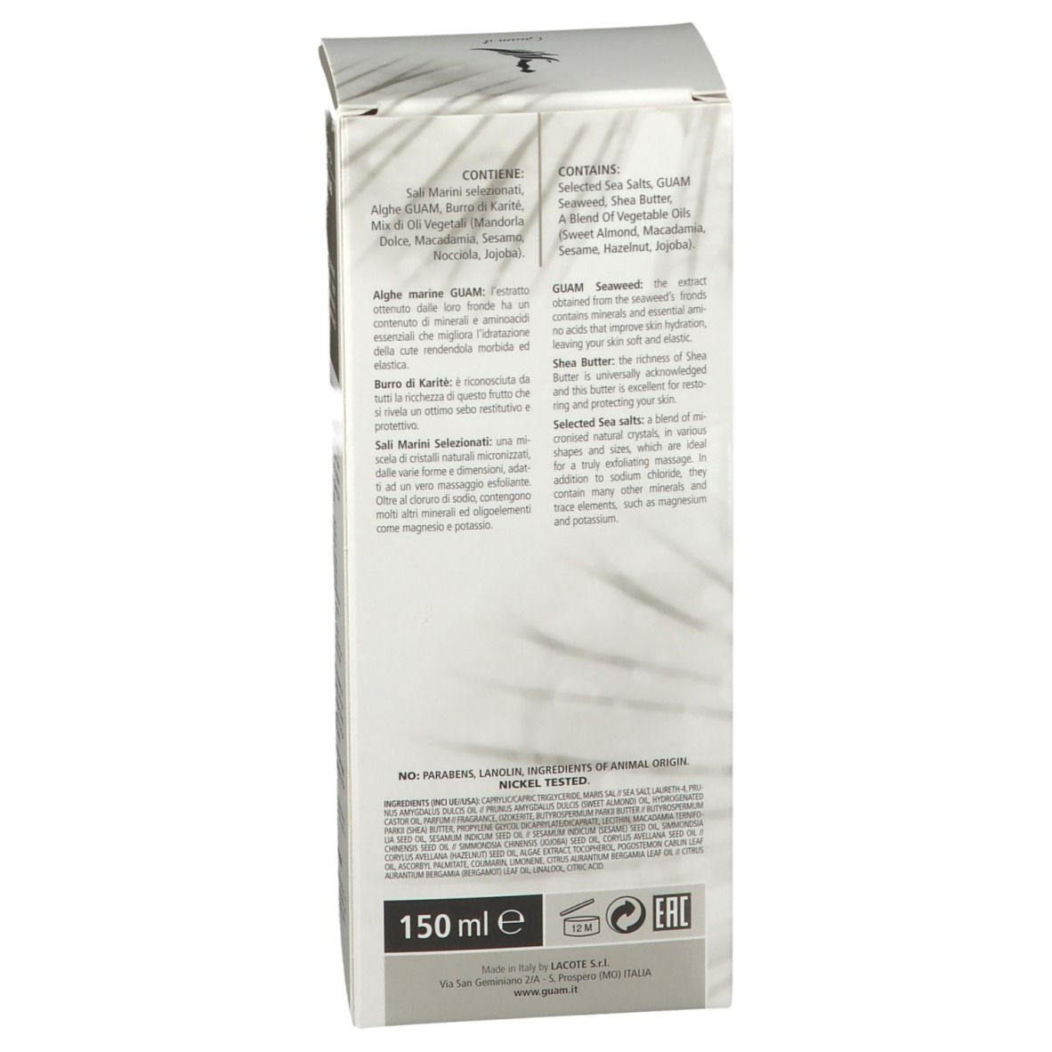 Lato della confezione GUAM INTHENSO Burro Scrub Dren. Ingredienti. Sfondo bianco. 150 ml.