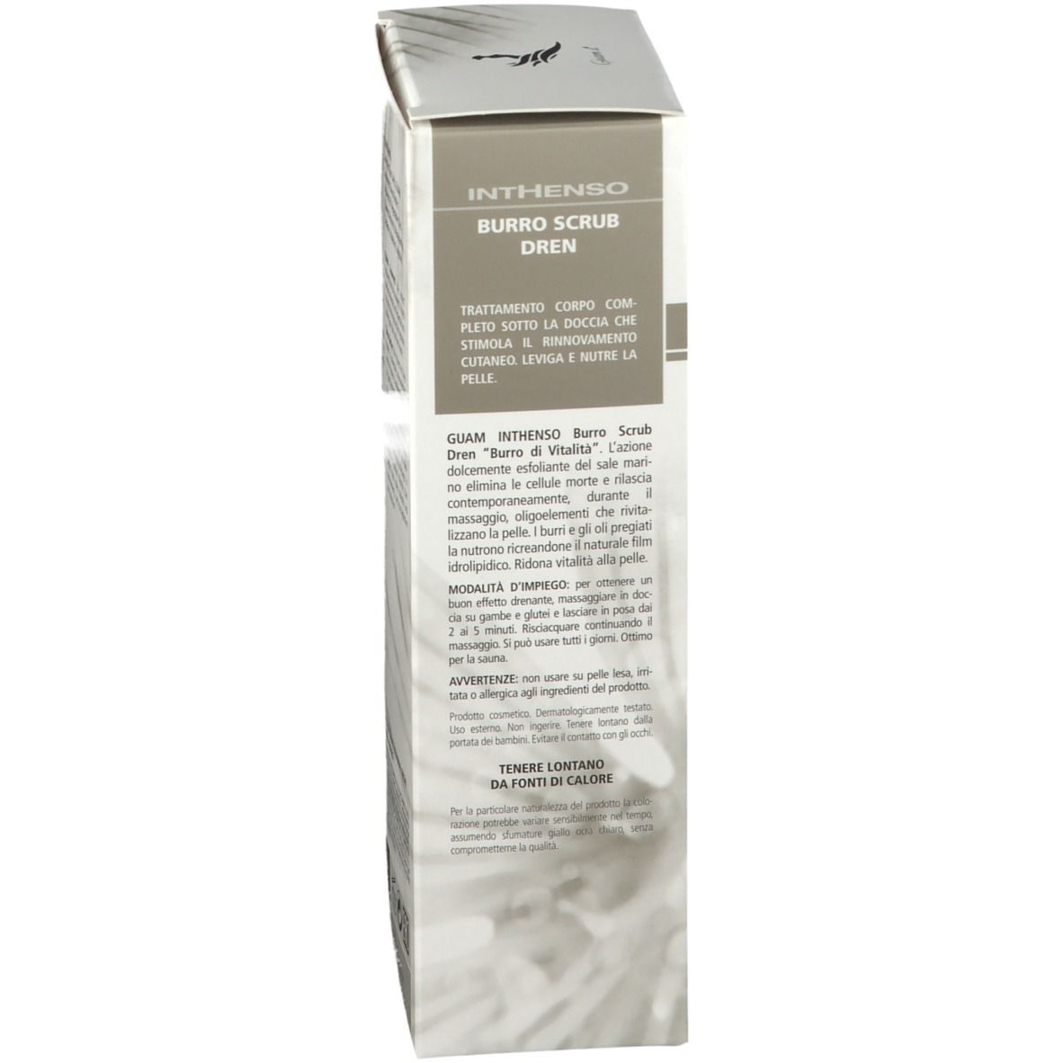 Lato della confezione GUAM INTHENSO Burro Scrub Dren. Istruzioni per l'uso. Sfondo bianco.