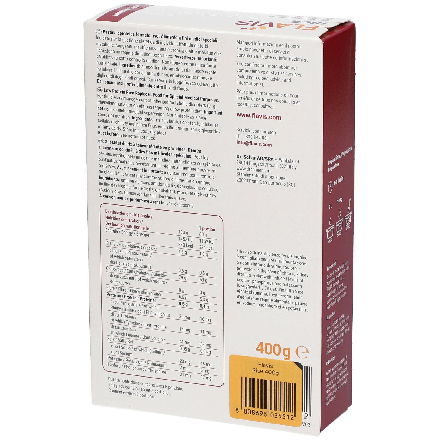 Retro della confezione FLAVIS Rice. Testo su valori nutrizionali e ingredienti. Peso netto: 400g. Codice a barre.