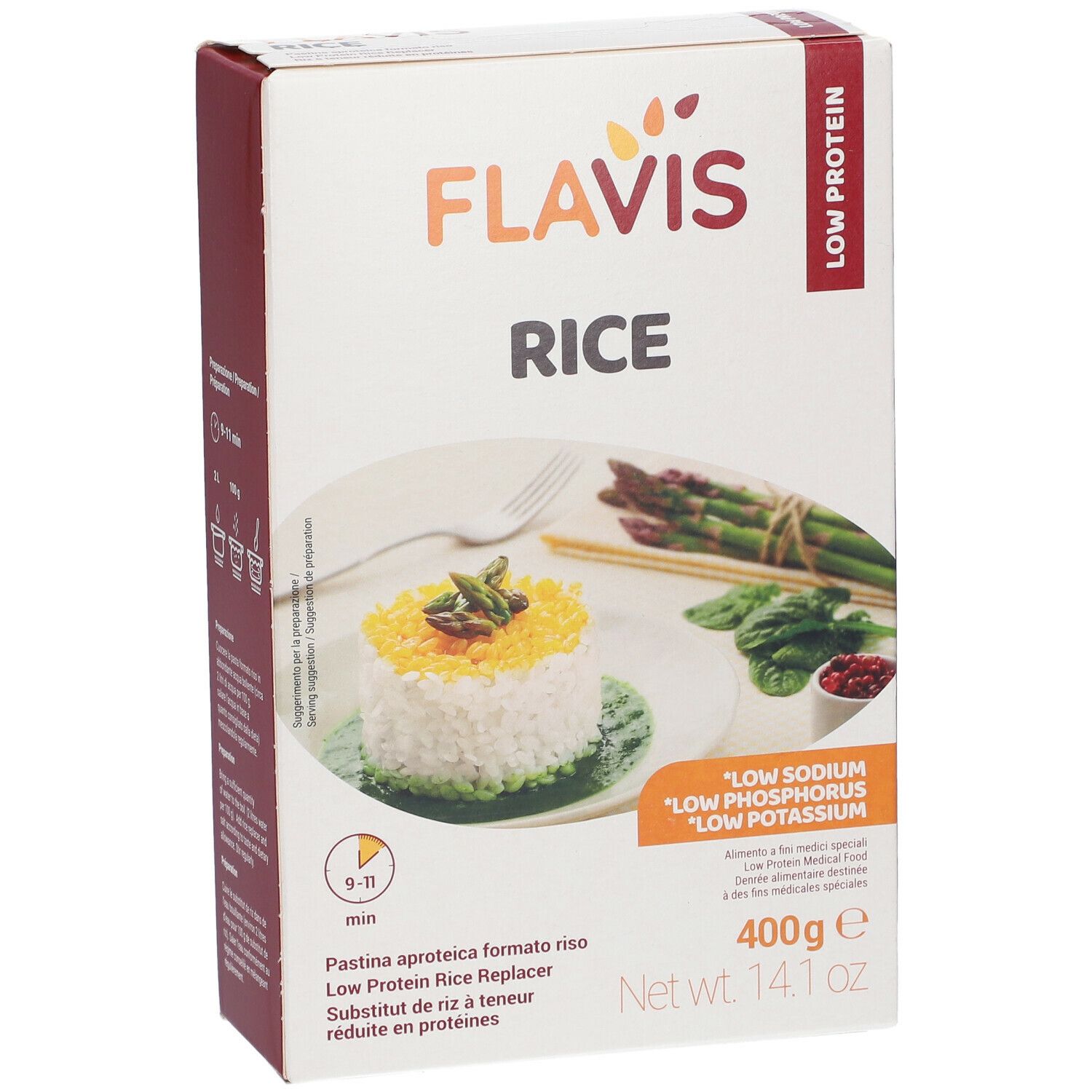 Confezione FLAVIS Rice. Scritta 'Low Protein'. Immagine di piatto di riso con asparagi. Peso netto: 400g.