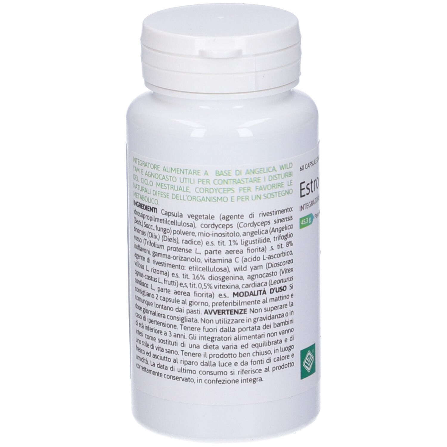 Retro del flacone bianco. Testo con ingredienti e istruzioni per l'uso. Tappo a vite.