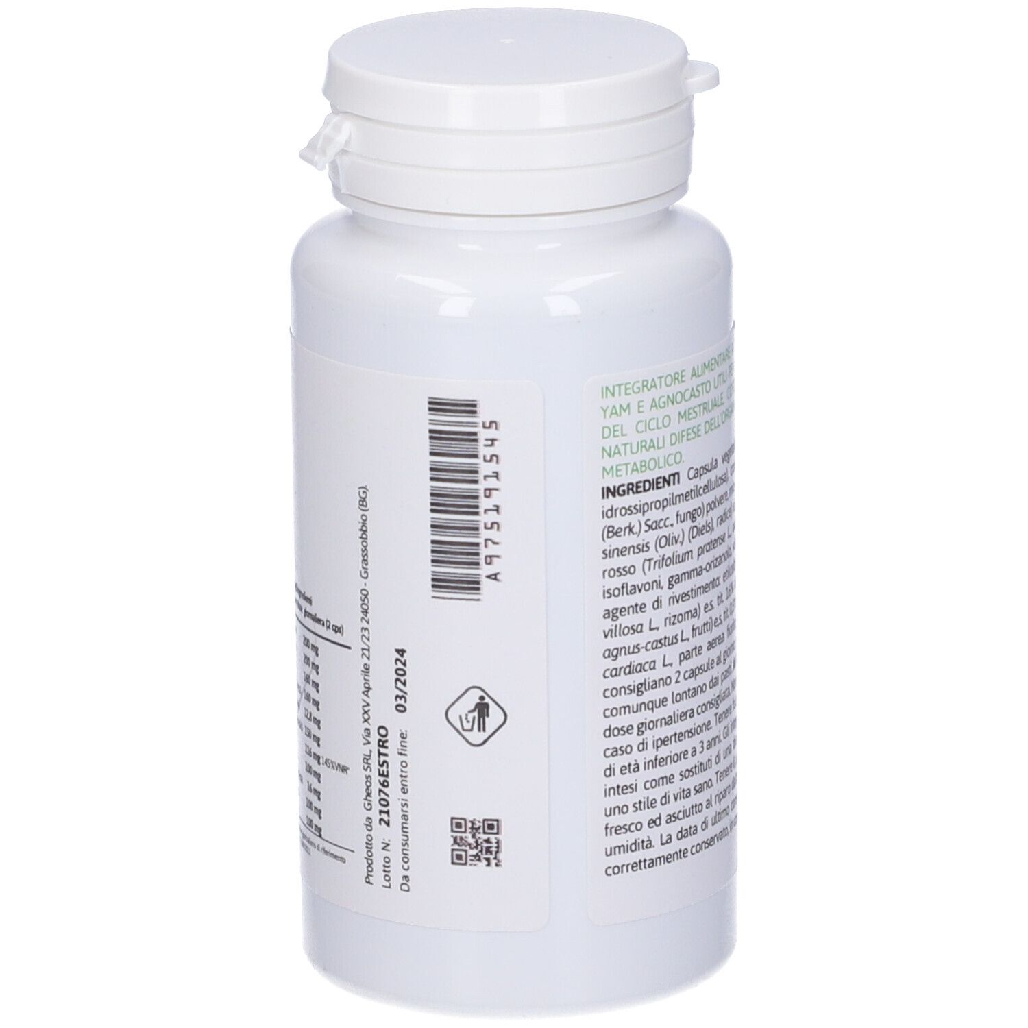 Retro del flacone bianco. Testo con numero di lotto e data di scadenza. Tappo a vite.