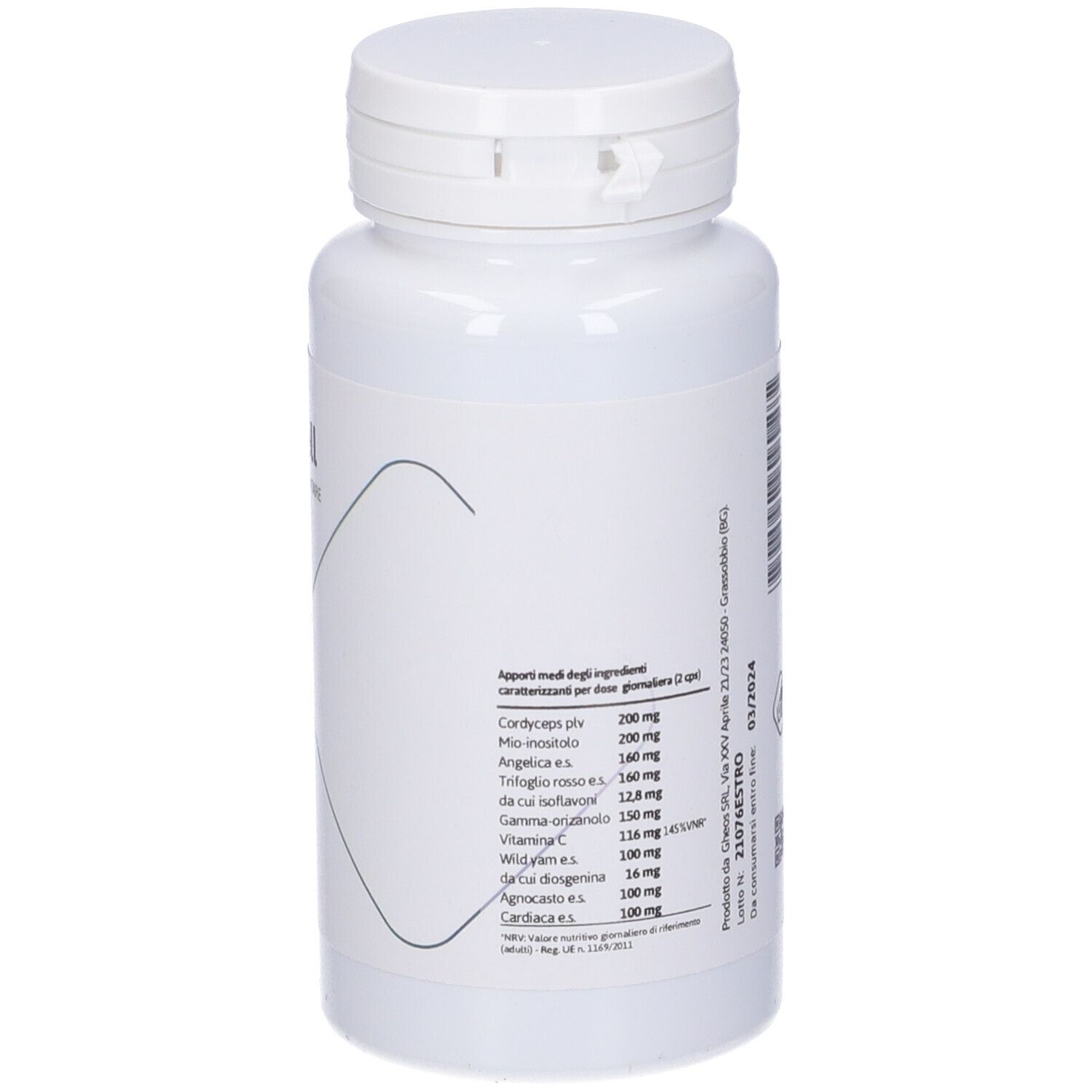 Retro del flacone bianco. Testo con informazioni sugli ingredienti. Tappo a vite.