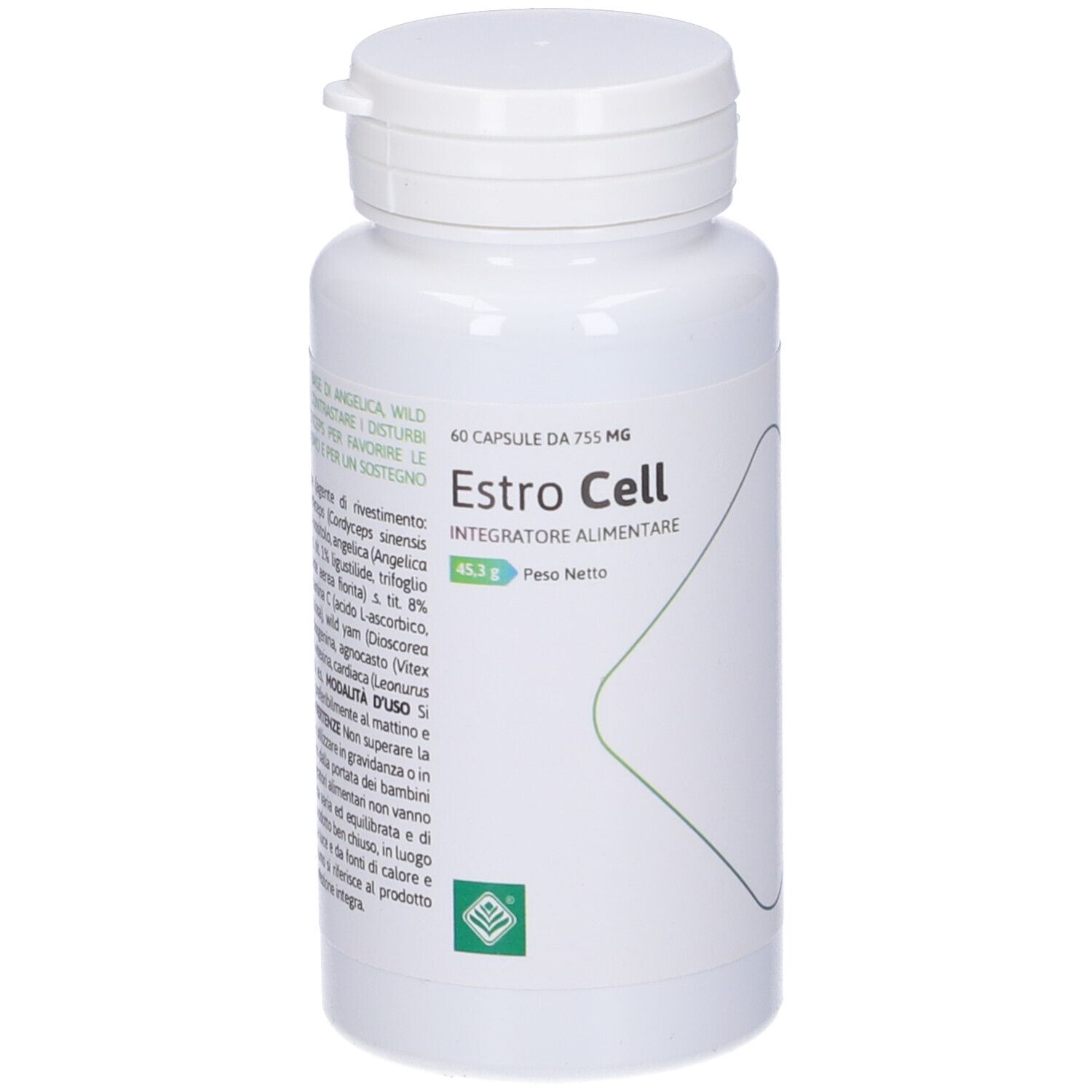 Flacone bianco con capsule. Scritta: Estro Cell, 60 capsule. Grafica verde e bianca. Tappo a vite.