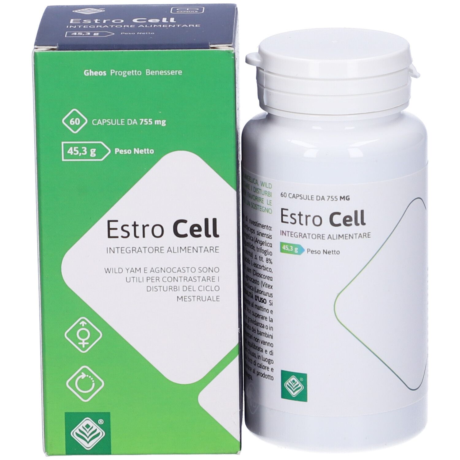 Confezione del prodotto con flacone. Scatola verde e flacone bianco. Scritta: Estro Cell, 60 capsule.