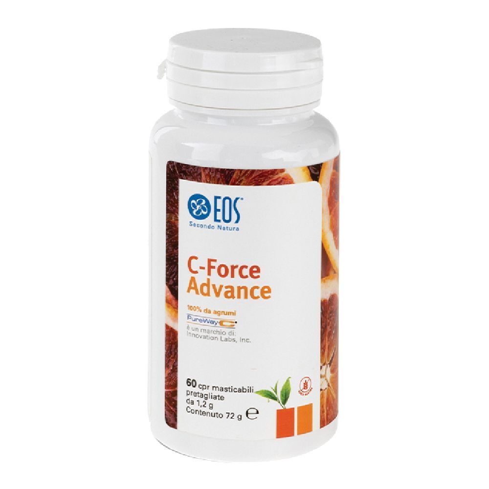 Flacone bianco con etichetta. Scritta: Eos C-Force Advance, 60 compresse masticabili. Sfondo: fette di arancia.