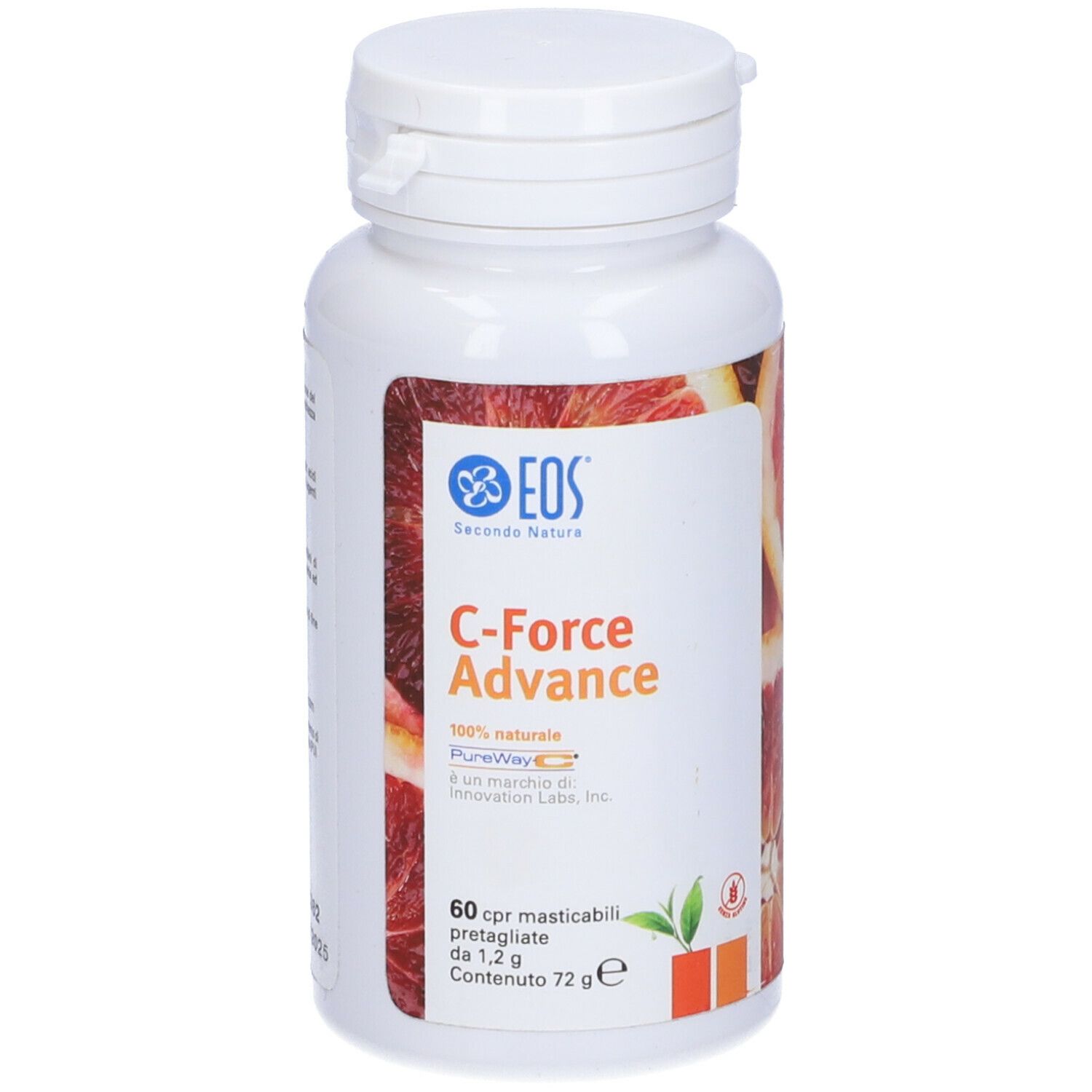 Flacone bianco con etichetta. Scritta: Eos C-Force Advance, 60 compresse masticabili. Sfondo: fette di arancia.