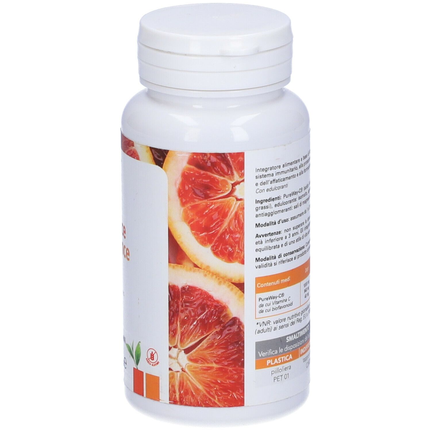 Retro di un flacone bianco. Etichetta con testo e informazioni nutrizionali. Sfondo: fette di arancia.