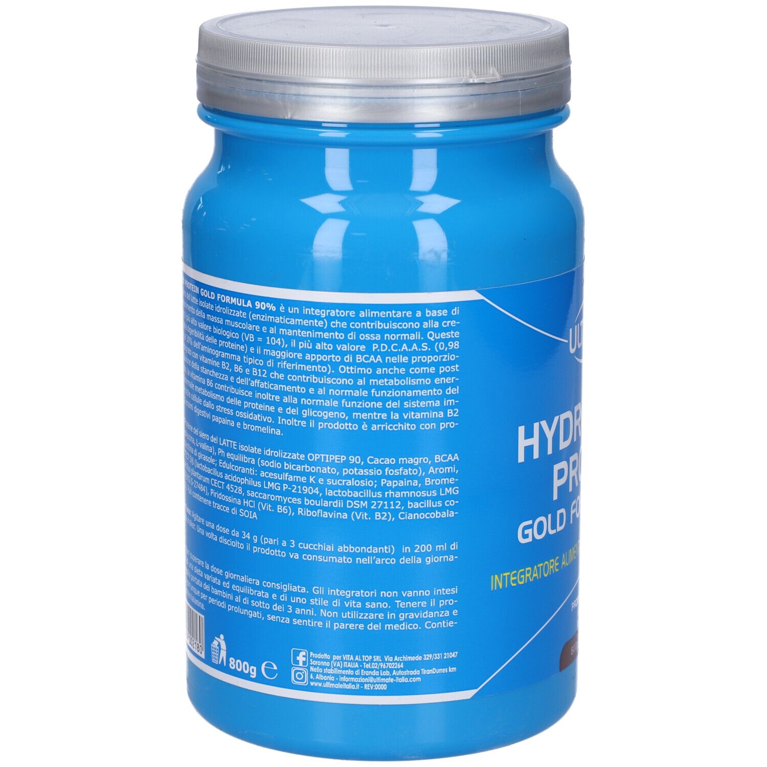 Retro del barattolo blu. Informazioni testuali sul prodotto. Contiene informazioni su ingredienti e valori nutrizionali. 800g.